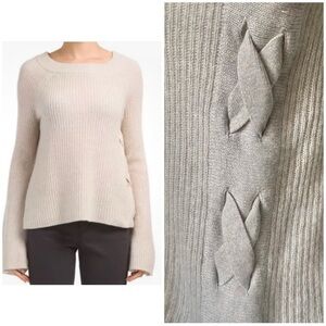 100% Cashmere Ribbed Lace Up Sweater XS Bell Sleeve Beige Quiet Luxury Only Mine